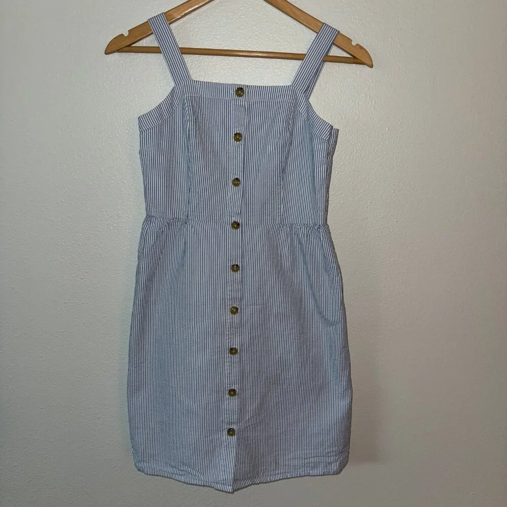 J. Crew Button Front‎ Blue White Striped Seersucker Dress Size 0